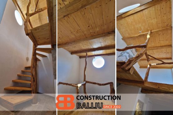 Work for wooden stairs with connection to the region's tradition in the Cyclades, Milos, Traditional woodwork for stairs in the Cyclades, Milos, Triavasolo, Wooden stairs with colors from the Cyclades, Milos and traditional railing